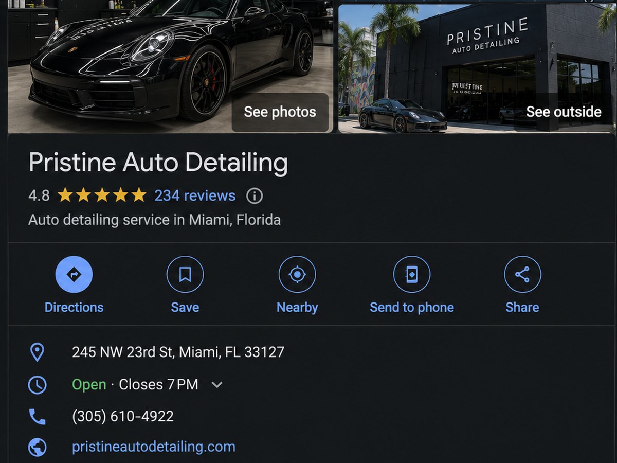 Pristine Auto Detailing — Google Business Profile and local search work by Walsh Digital Co.